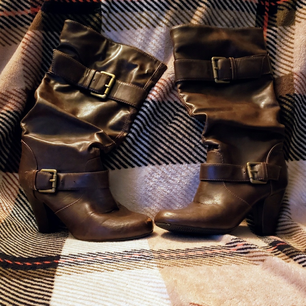 Brown Faux Leather Heeled Boots